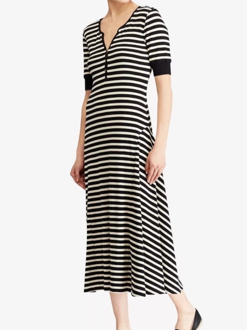 Lauren Ralph Lauren Henley Dress Waffle Knit Black & White Striped Midi 1X